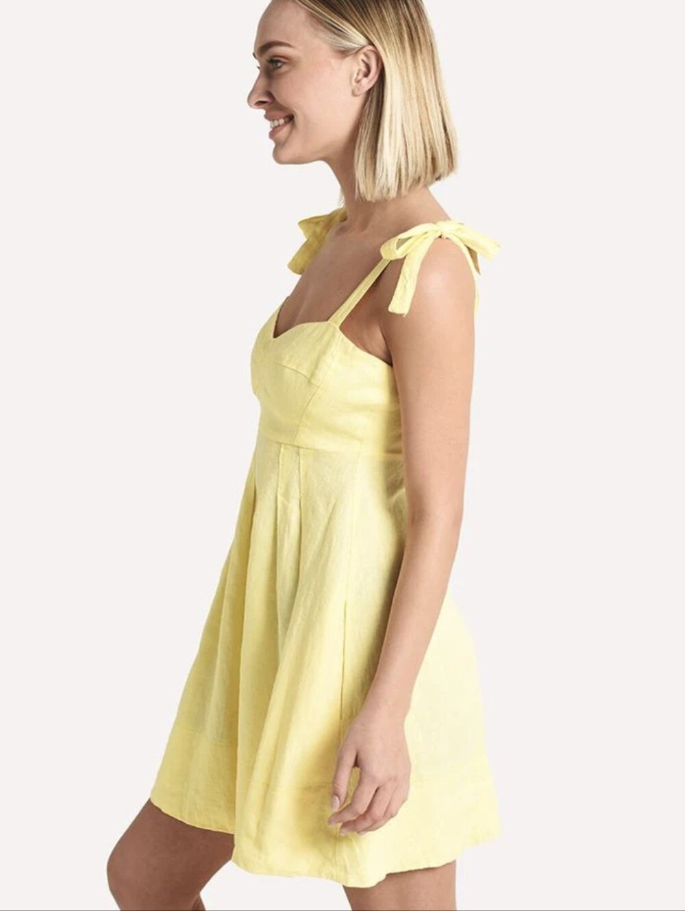 Honorine Luxury 100% Linen Lemon Yellow "Jill" Mini Dress Tie-Shoulder (Size S)